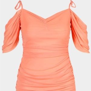Boohoo PLUS ANGEL SLEEVE RUCHED MESH MIDI DRESS Peach